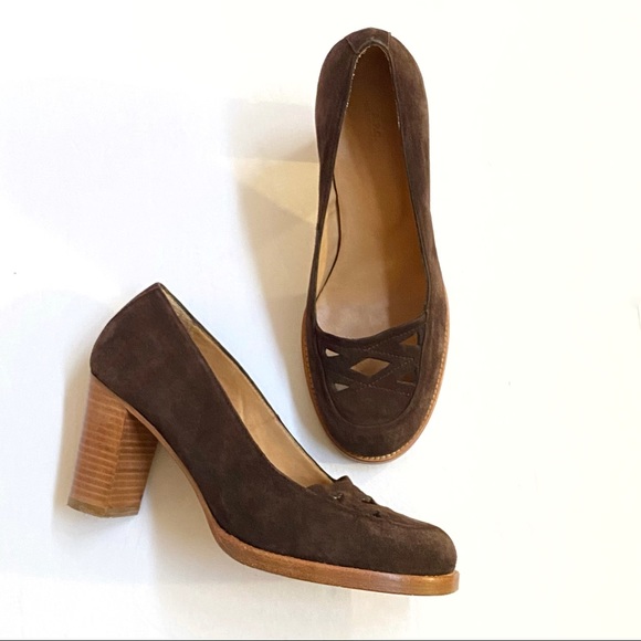 A.P.C. Shoes | A.P.C Mary Jane Brown Suede Cut Out Tan Chunky Block Wood High Heels | Color: Brown/Tan | Size: 7.5 | Drewsula123's Closet